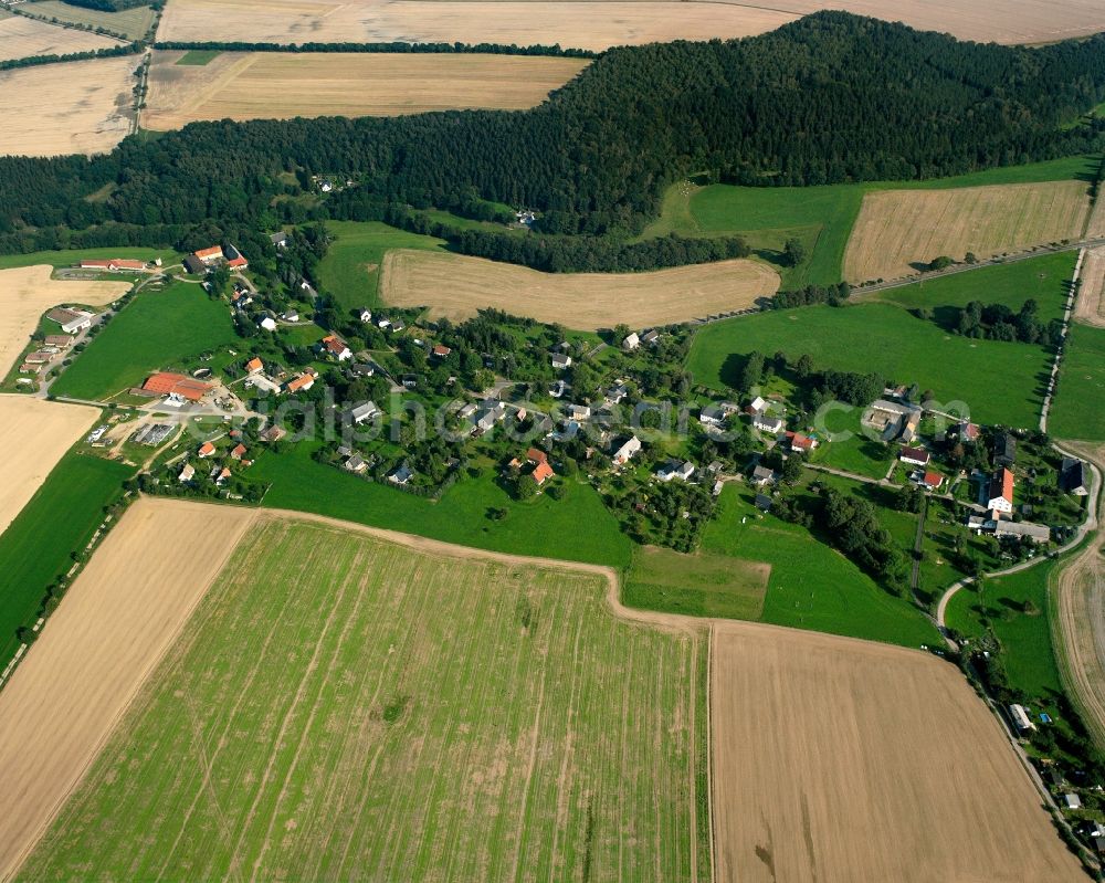 Wingendorf from above - Agricultural land and field boundaries surround the settlement area of the village in Wingendorf in the state Saxony, Germany
