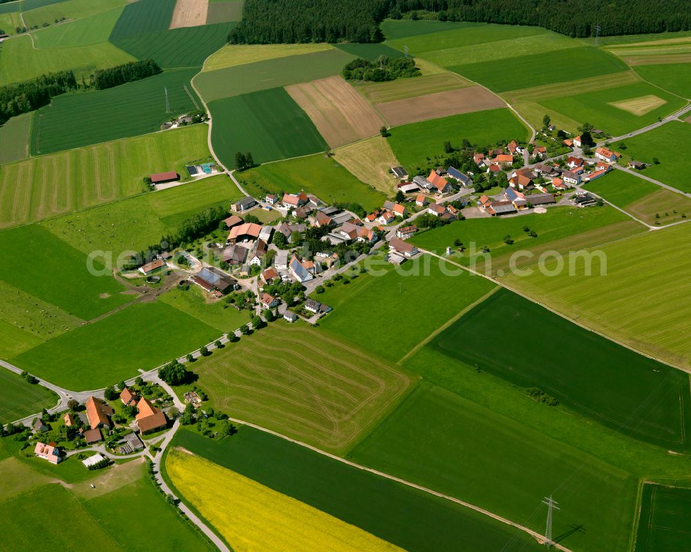 Aerial image Winterreute - Agricultural land and field boundaries surround the settlement area of the village in Winterreute in the state Baden-Wuerttemberg, Germany