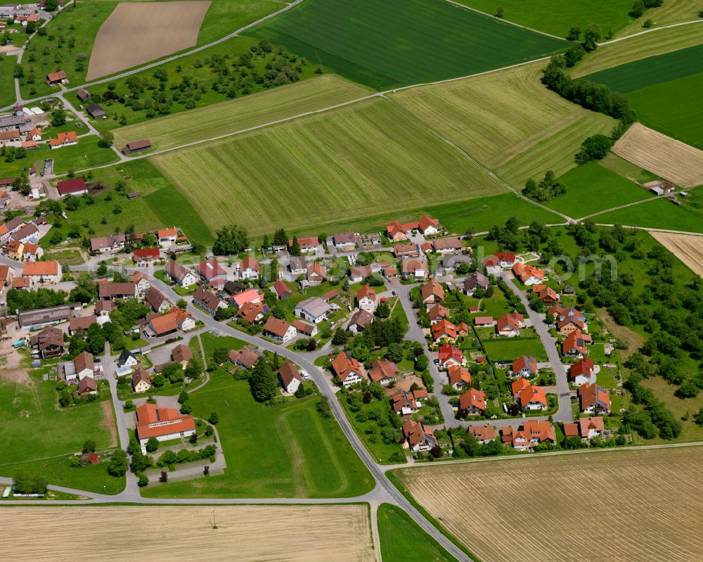 Aerial image Winterstettendorf - Agricultural land and field boundaries surround the settlement area of the village in Winterstettendorf in the state Baden-Wuerttemberg, Germany