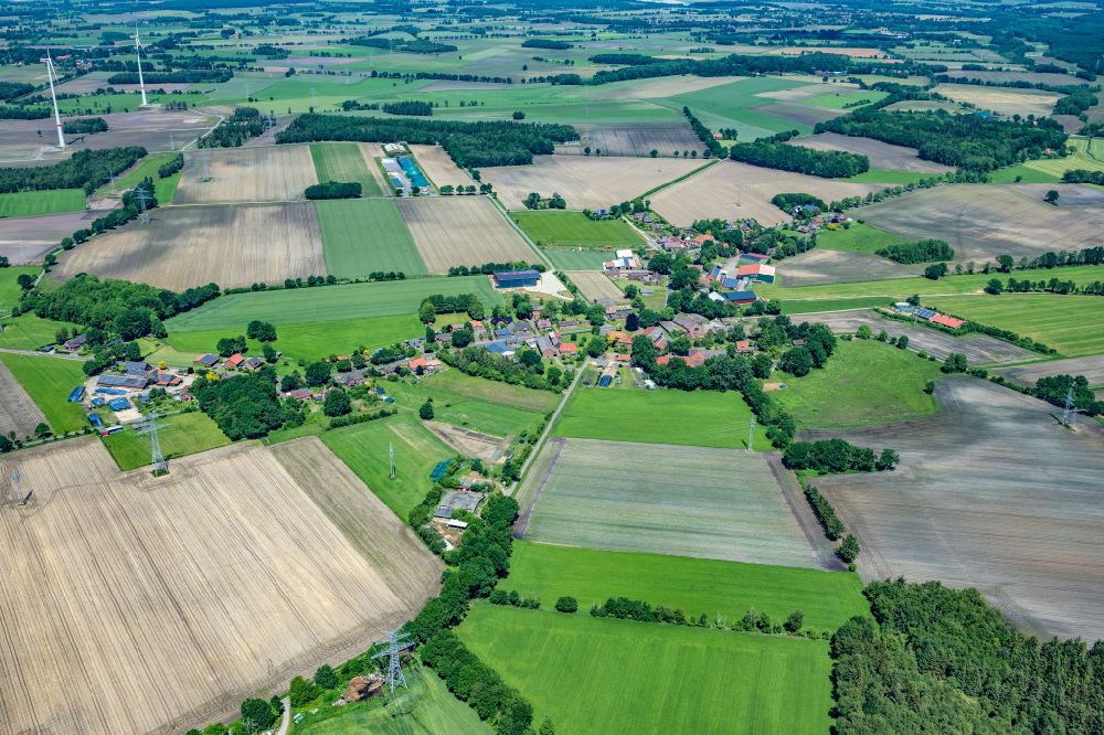 Wohlerst from the bird's eye view: Agricultural land and field boundaries surround the settlement area of the village in Wohlerst in the state Lower Saxony, Germany