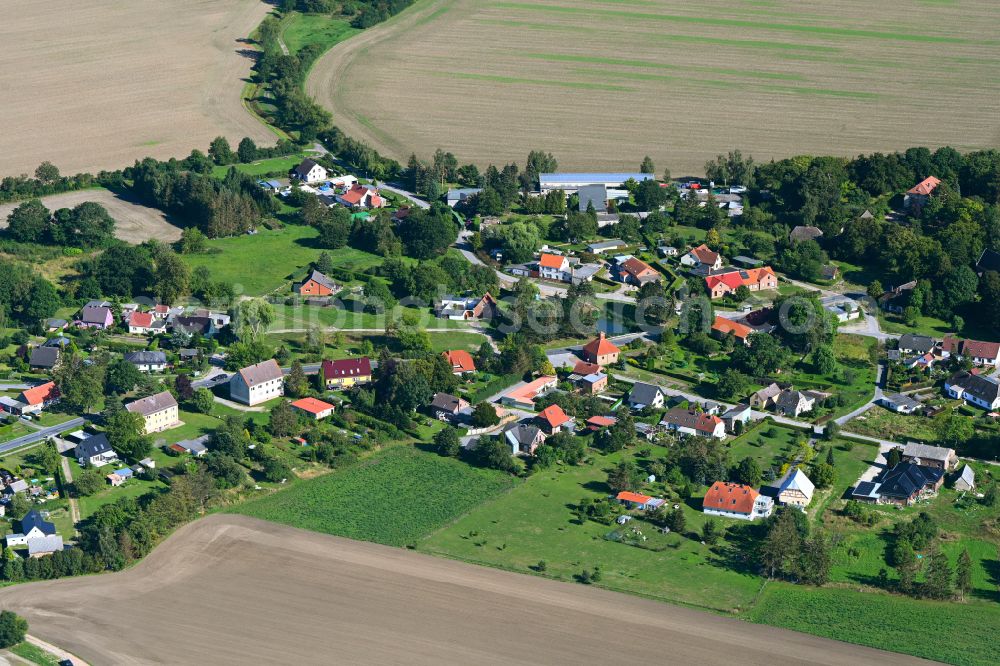 Wotenick from the bird's eye view: Agricultural land and field boundaries surround the settlement area of the village in Wotenick in the state Mecklenburg - Western Pomerania, Germany