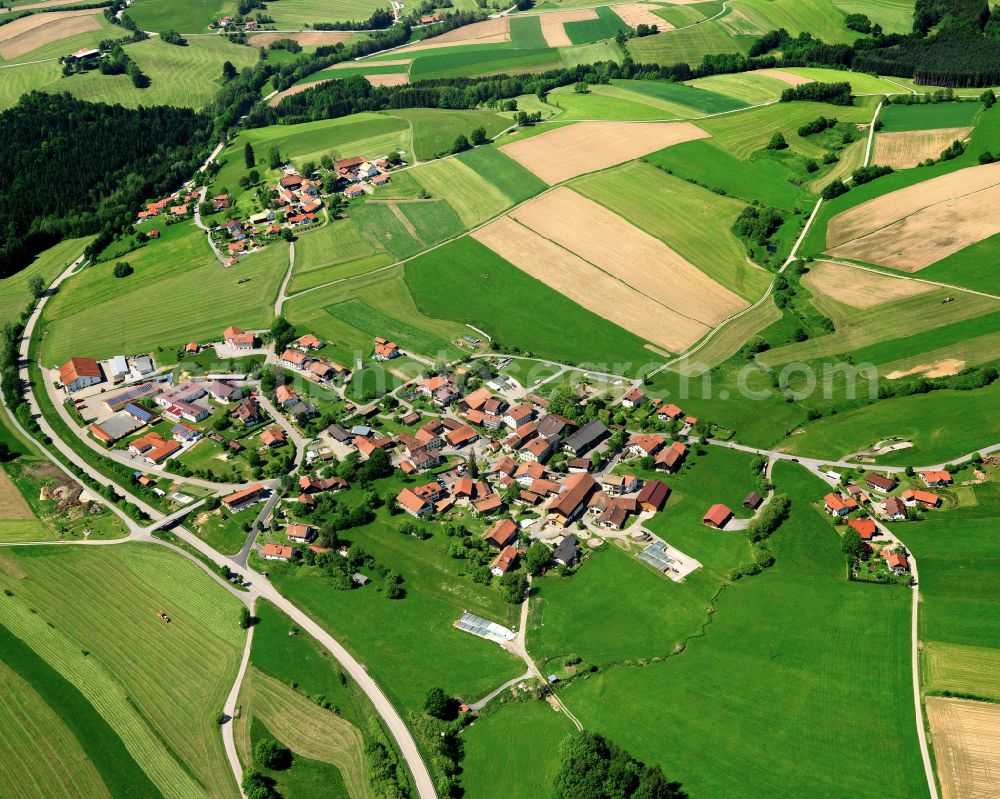 Wotzmannsreut from above - Agricultural land and field boundaries surround the settlement area of the village in Wotzmannsreut in the state Bavaria, Germany