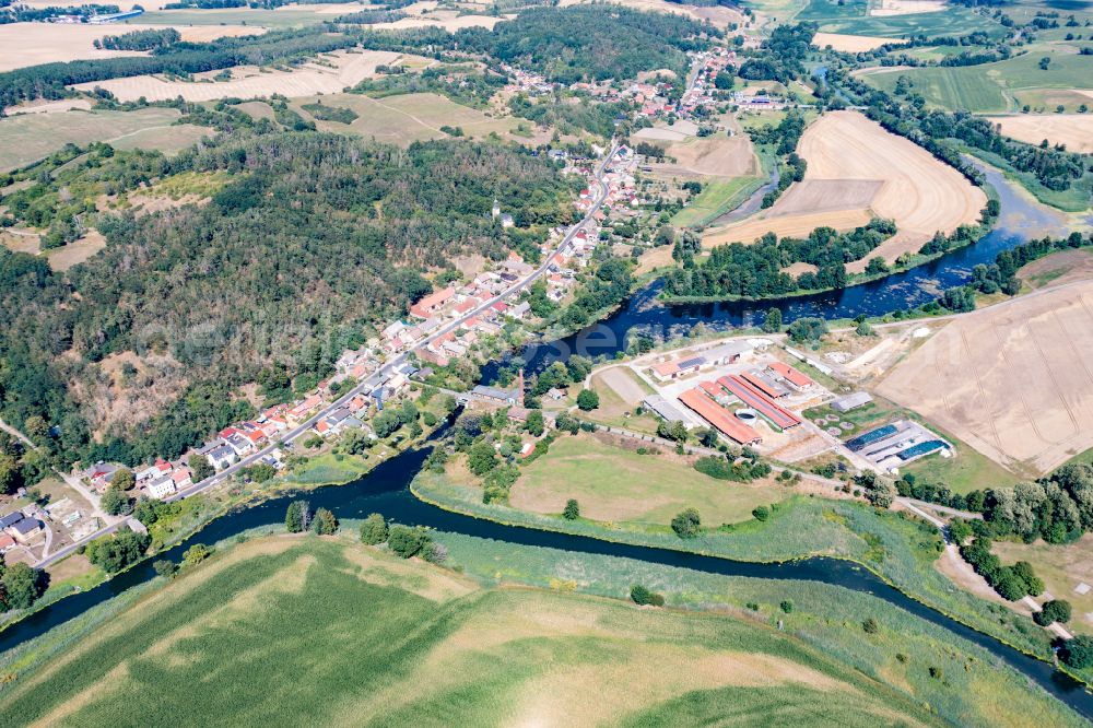 Schiffmühle from above - Village on the river bank areas Alte Oder in Neutornow in the state Brandenburg, Germany