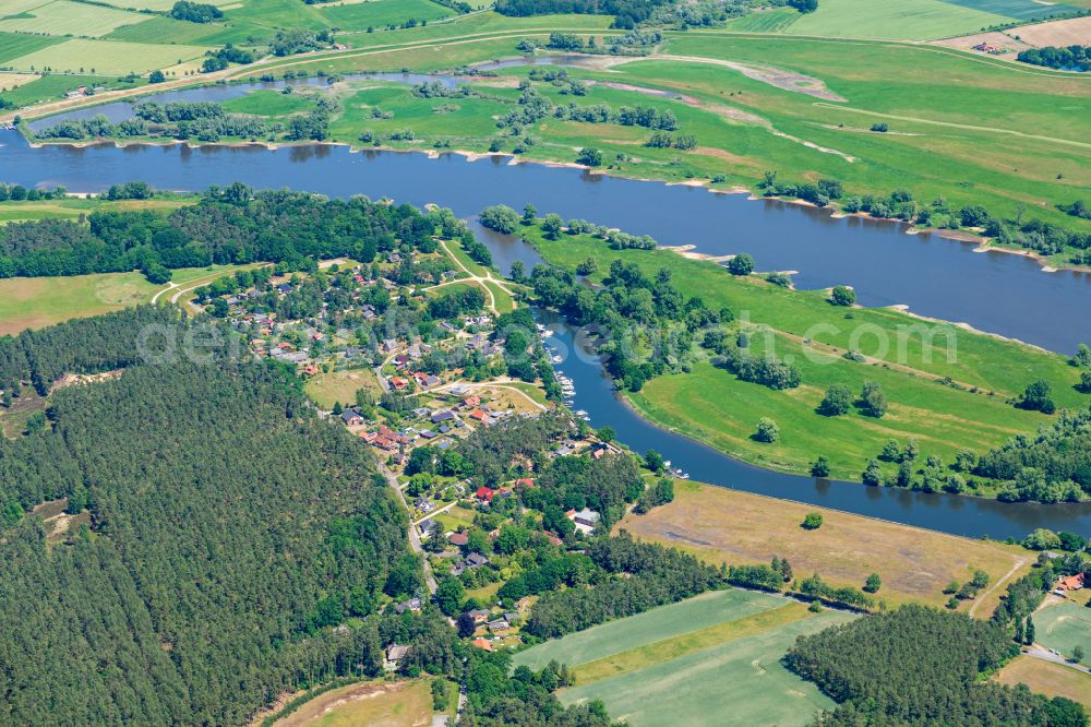 Bleckede from above - Village on the river bank areas of the River Elbe in Bleckede in the state Lower Saxony, Germany