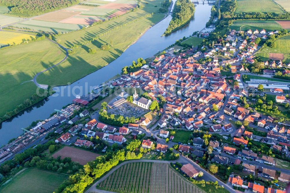 Wipfeld from above - Village on the river bank areas of the Main river in Wipfeld in the state Bavaria, Germany