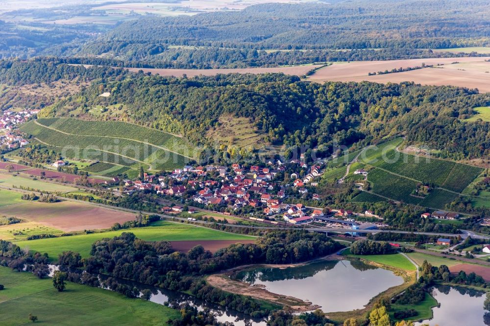 Ziegelanger from above - Village on the river bank areas of the Main river in Ziegelanger in the state Bavaria, Germany