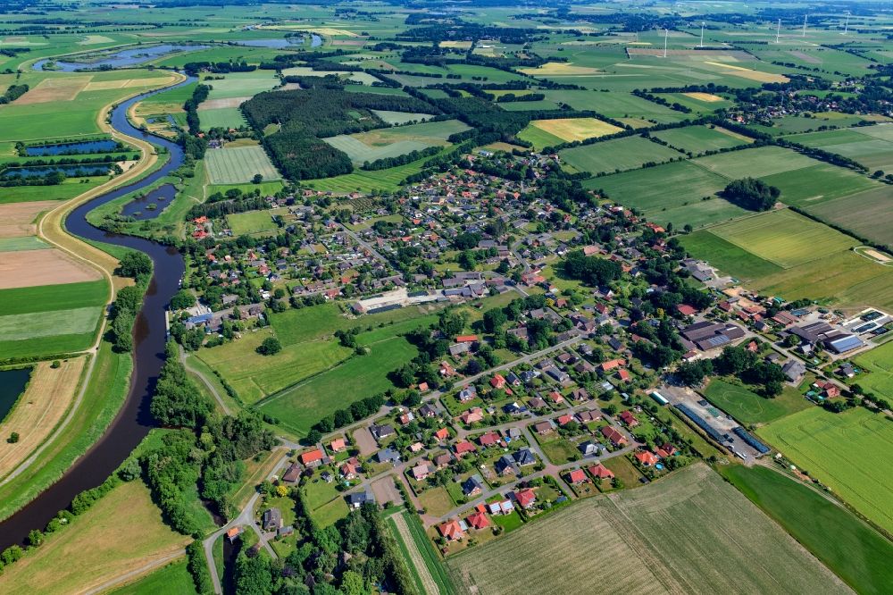 Estorf from above - Village center on the river bank areas of the Oste in Graepel in the state Lower Saxony, Germany