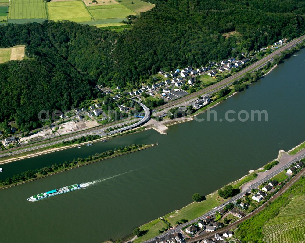 Aerial image Fellen - Village on the river bank areas of the Rhine river in Fellen in the state Rhineland-Palatinate, Germany