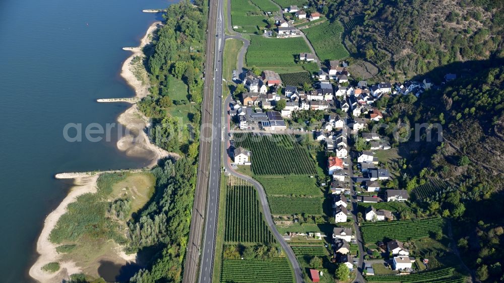 Hammerstein from above - Village on the river bank areas of the Rhine river in Hammerstein in the state Rhineland-Palatinate, Germany