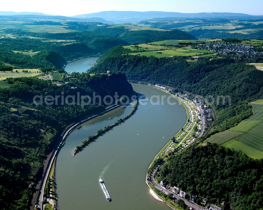 Aerial image An der Loreley - Village on the river bank areas of the Rhine river in An der Loreley in the state Rhineland-Palatinate, Germany