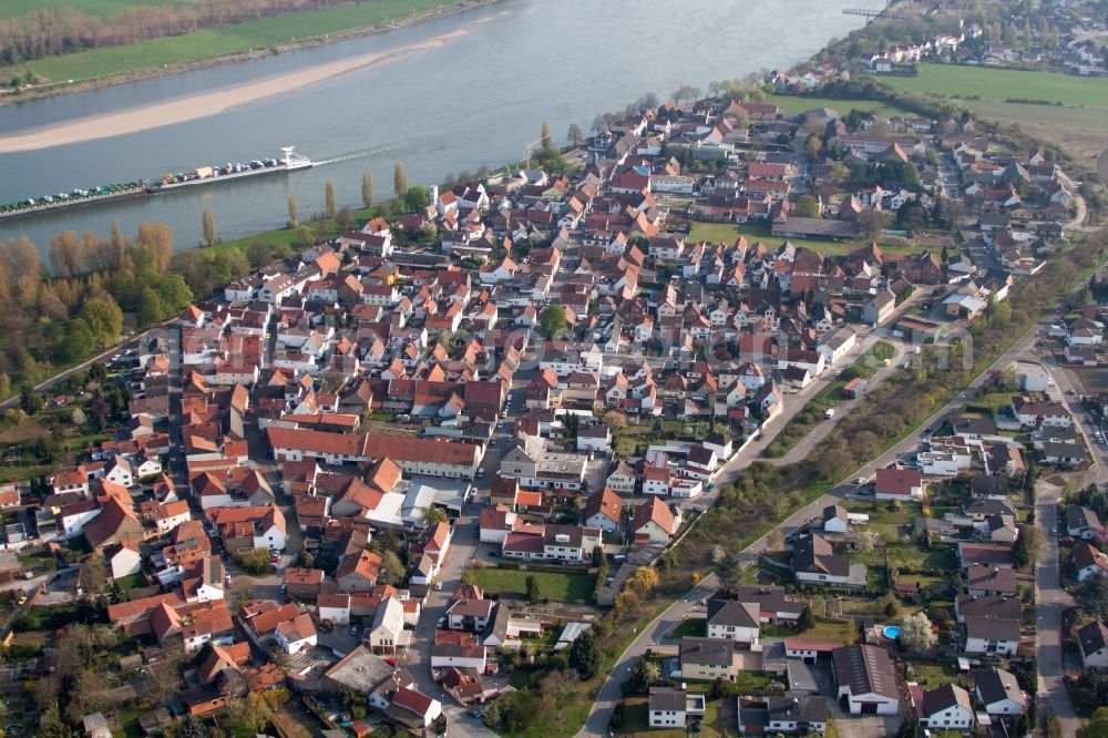 Worms from the bird's eye view: Village on the river bank areas of the Rhine river in the district Rheinduerkheim in Worms in the state Rhineland-Palatinate, Germany