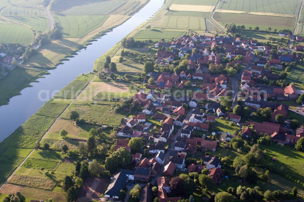 Emmerthal from above - Village on the river bank areas of the Weser river in the district Hajen in Emmerthal in the state Lower Saxony, Germany