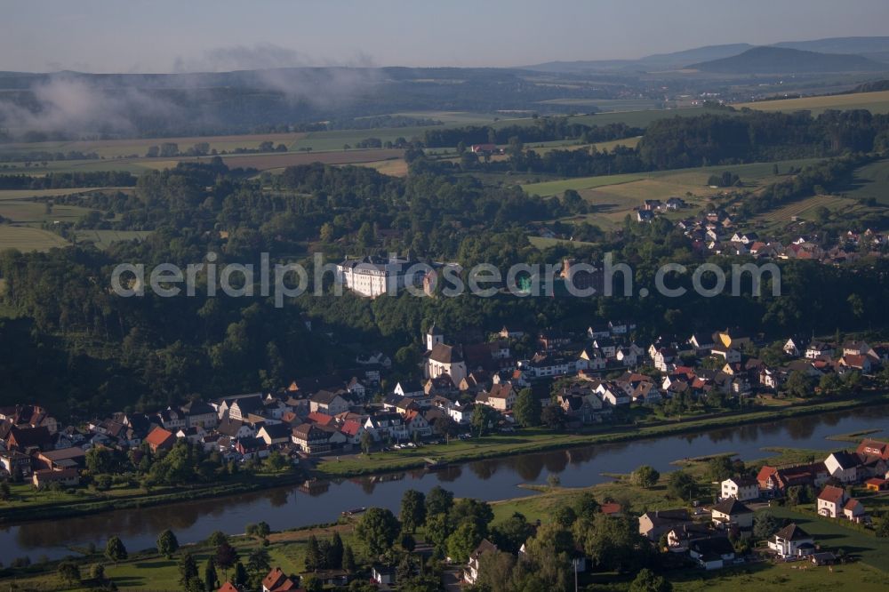 Beverungen from above - Village on the river bank areas of the Weser river in the district Herstelle in Beverungen in the state North Rhine-Westphalia, Germany