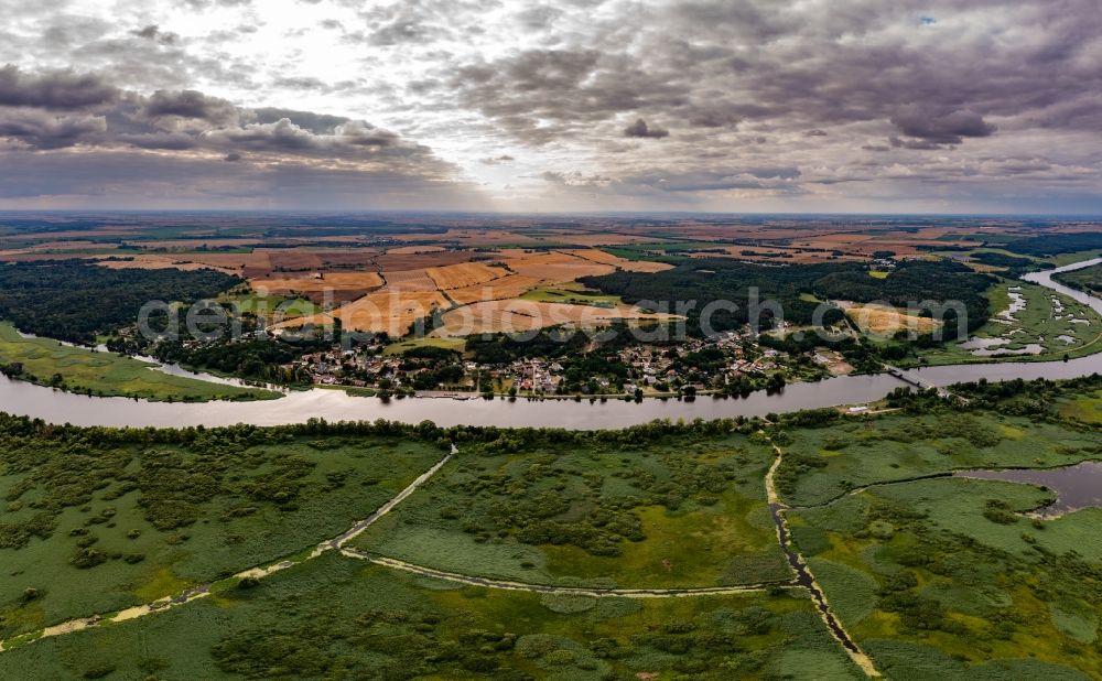 Mescherin from above - Village on the river bank areas of Westoder in Mescherin in the state Brandenburg, Germany