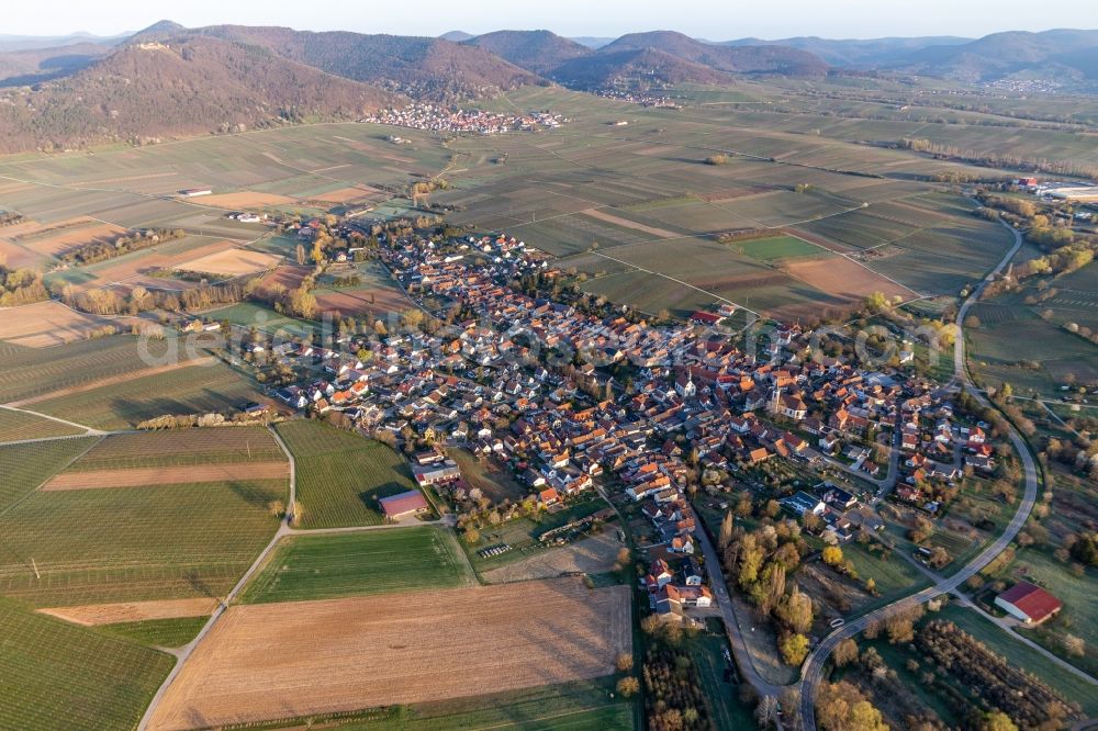Aerial photograph Göcklingen - Spring around the settlement area of the village in Goecklingen in the state Rhineland-Palatinate, Germany