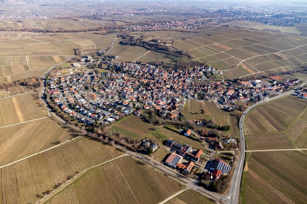 Aerial photograph Ilbesheim bei Landau in der Pfalz - Agricultural land and field borders surround the settlement area of the village in Ilbesheim bei Landau in der Pfalz in the state Rhineland-Palatinate, Germany