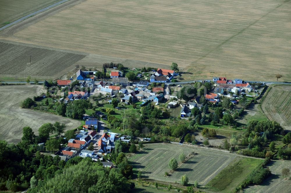 Glauzig from the bird's eye view: Agricultural land and field borders surround the settlement area of the village in Glauzig in the state Saxony-Anhalt, Germany