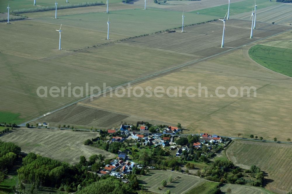 Aerial image Glauzig - Agricultural land and field borders surround the settlement area of the village in Glauzig in the state Saxony-Anhalt, Germany