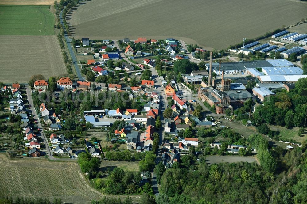 Glauzig from above - Agricultural land and field borders surround the settlement area of the village in Glauzig in the state Saxony-Anhalt, Germany