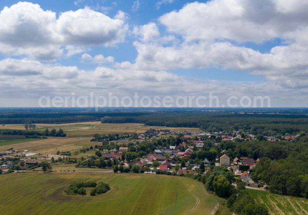 Aerial photograph Grünefeld - Agricultural land and field borders surround the settlement area of the village in Gruenefeld in the state Brandenburg, Germany
