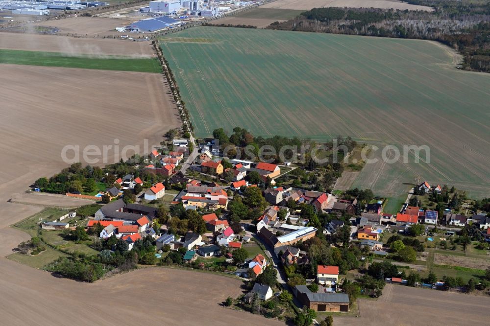 Aerial photograph Heideloh - Agricultural land and field borders surround the settlement area of the village in Heideloh in the state Saxony-Anhalt, Germany
