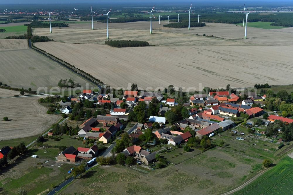 Hohengörsdorf from the bird's eye view: Agricultural land and field borders surround the settlement area of the village in Hohengoersdorf in the state Brandenburg, Germany