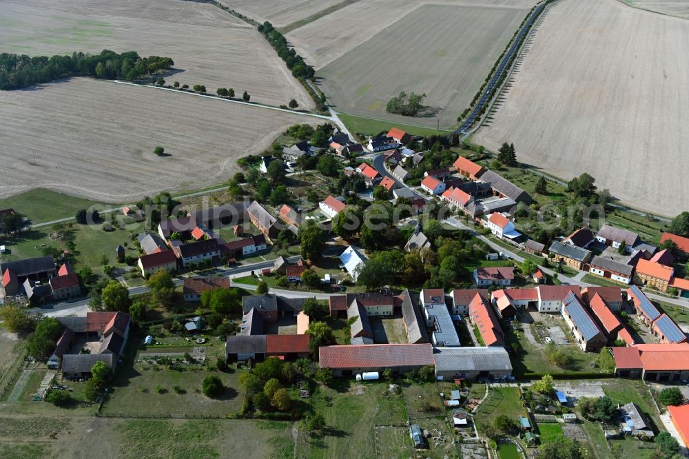 Aerial image Hohengörsdorf - Agricultural land and field borders surround the settlement area of the village in Hohengoersdorf in the state Brandenburg, Germany