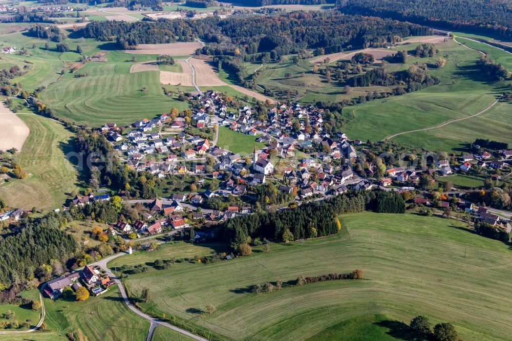 Aerial photograph Hoppetenzell - Agricultural land and field borders surround the settlement area of the village in Hoppetenzell in the state Baden-Wurttemberg, Germany