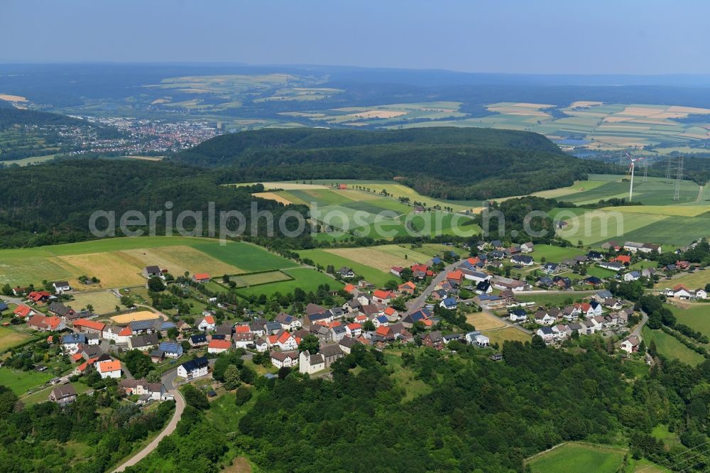 Aerial image Jakobsberg - Agricultural land and field borders surround the settlement area of the village in Jakobsberg in the state North Rhine-Westphalia, Germany