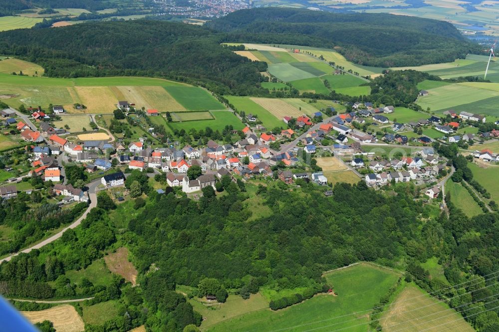 Aerial photograph Jakobsberg - Agricultural land and field borders surround the settlement area of the village in Jakobsberg in the state North Rhine-Westphalia, Germany
