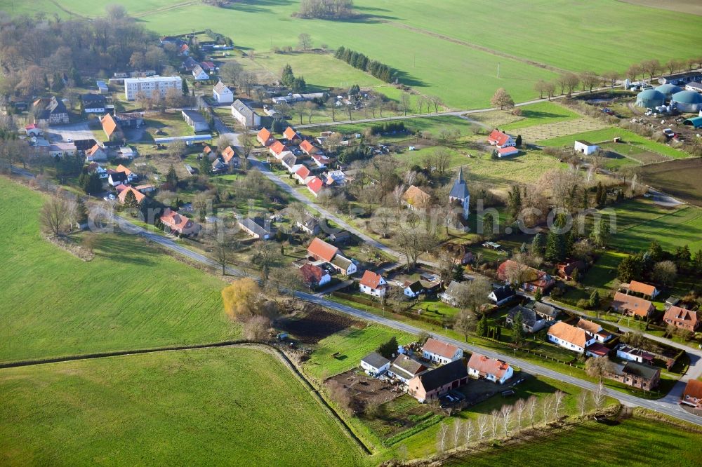 Kambs from above - Agricultural land and field borders surround the settlement area of the village in Kambs in the state Mecklenburg - Western Pomerania, Germany