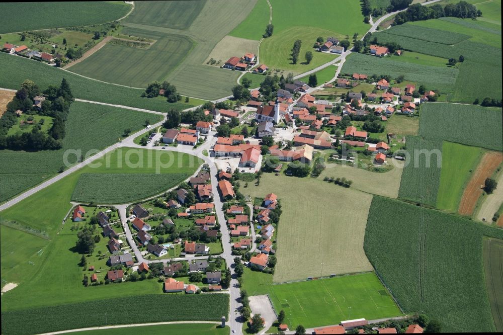 Aerial photograph Kay - Agricultural land and field borders surround the settlement area of the village in Kay in the state Bavaria, Germany