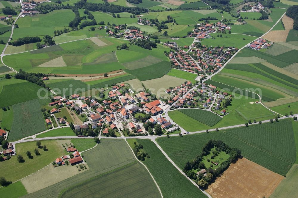 Kay from the bird's eye view: Agricultural land and field borders surround the settlement area of the village in Kay in the state Bavaria, Germany