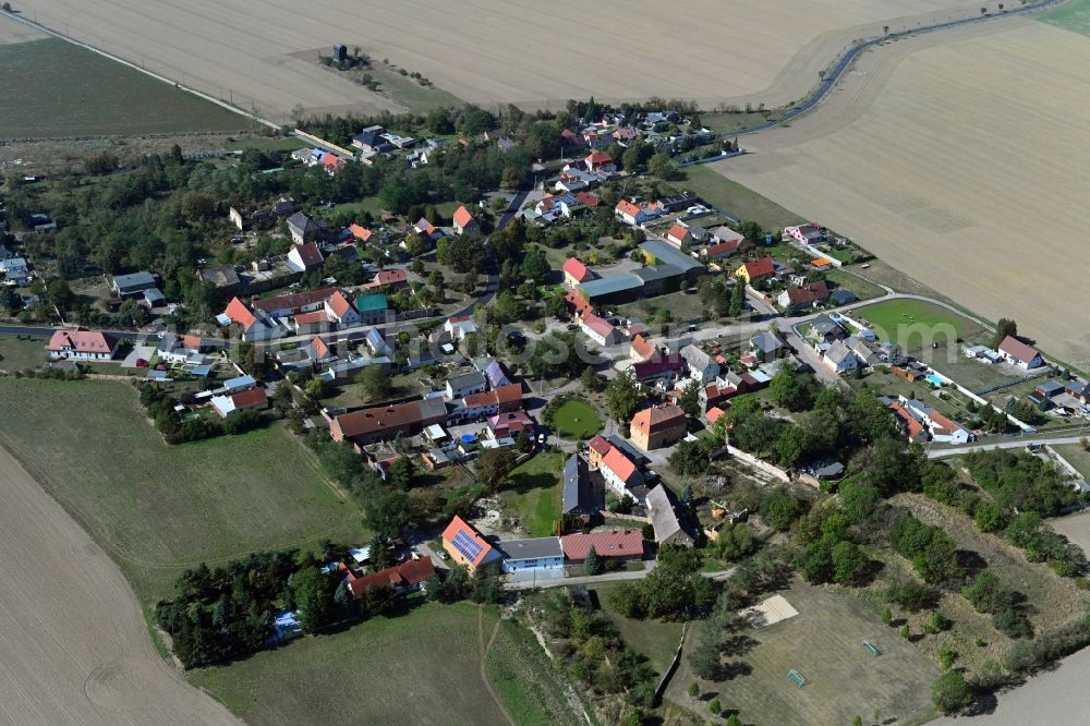 Köckern from the bird's eye view: Agricultural land and field borders surround the settlement area of the village in Koeckern in the state Saxony-Anhalt, Germany