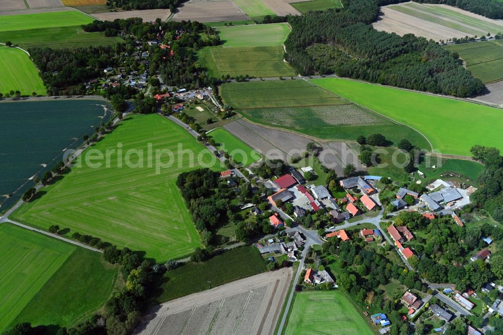 Aerial photograph Kleinwitzeetze - Agricultural land and field borders surround the settlement area of the village in Kleinwitzeetze in the state Lower Saxony, Germany