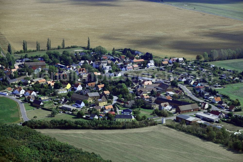 Kölsa from above - Agricultural land and field borders surround the settlement area of the village in Koelsa in the state Saxony, Germany
