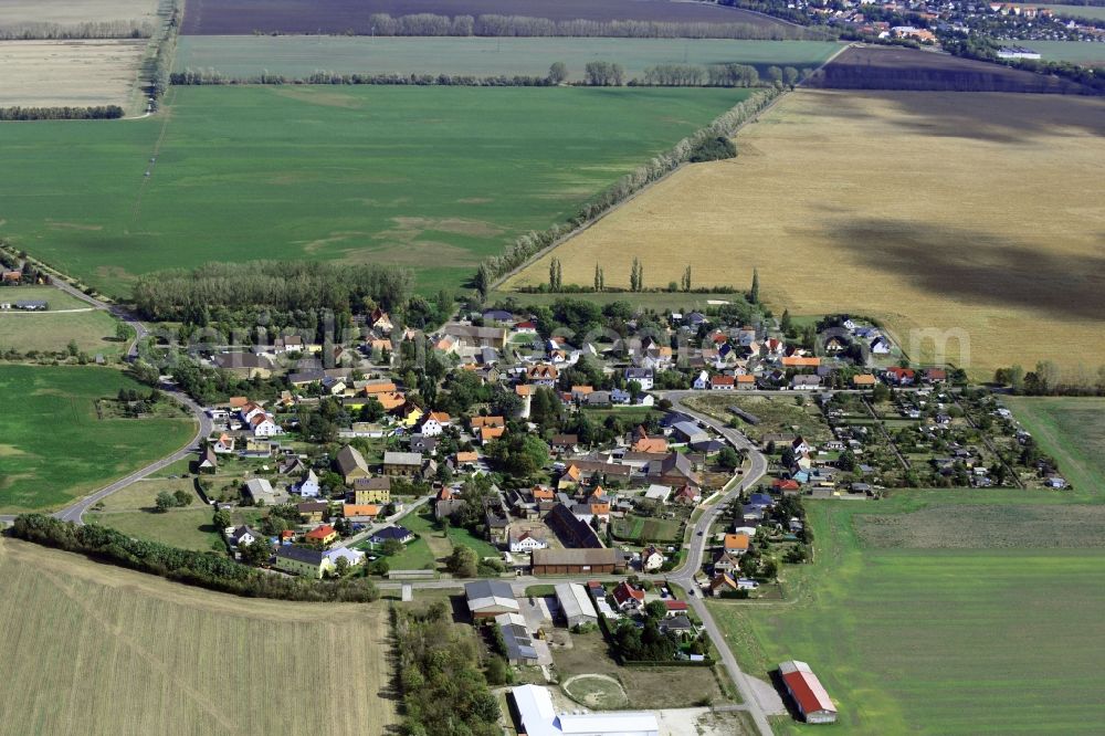 Aerial photograph Kölsa - Agricultural land and field borders surround the settlement area of the village in Koelsa in the state Saxony, Germany