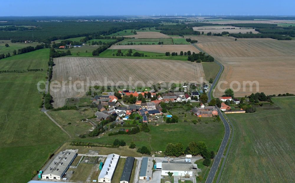 Külso from above - Agricultural land and field borders surround the settlement area of the village in Kuelso in the state Saxony-Anhalt, Germany
