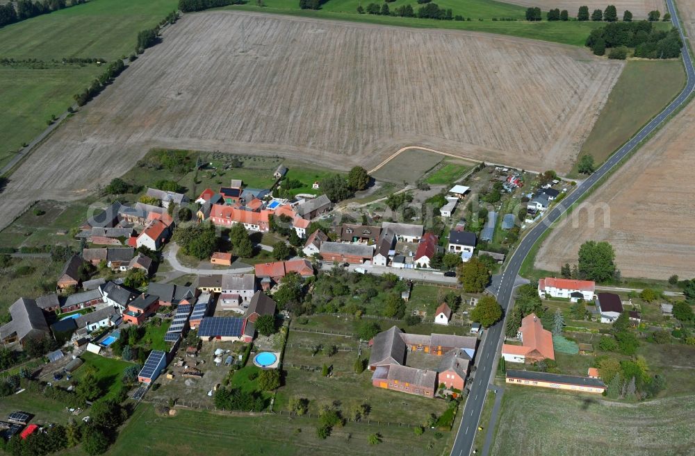 Aerial image Külso - Agricultural land and field borders surround the settlement area of the village in Kuelso in the state Saxony-Anhalt, Germany