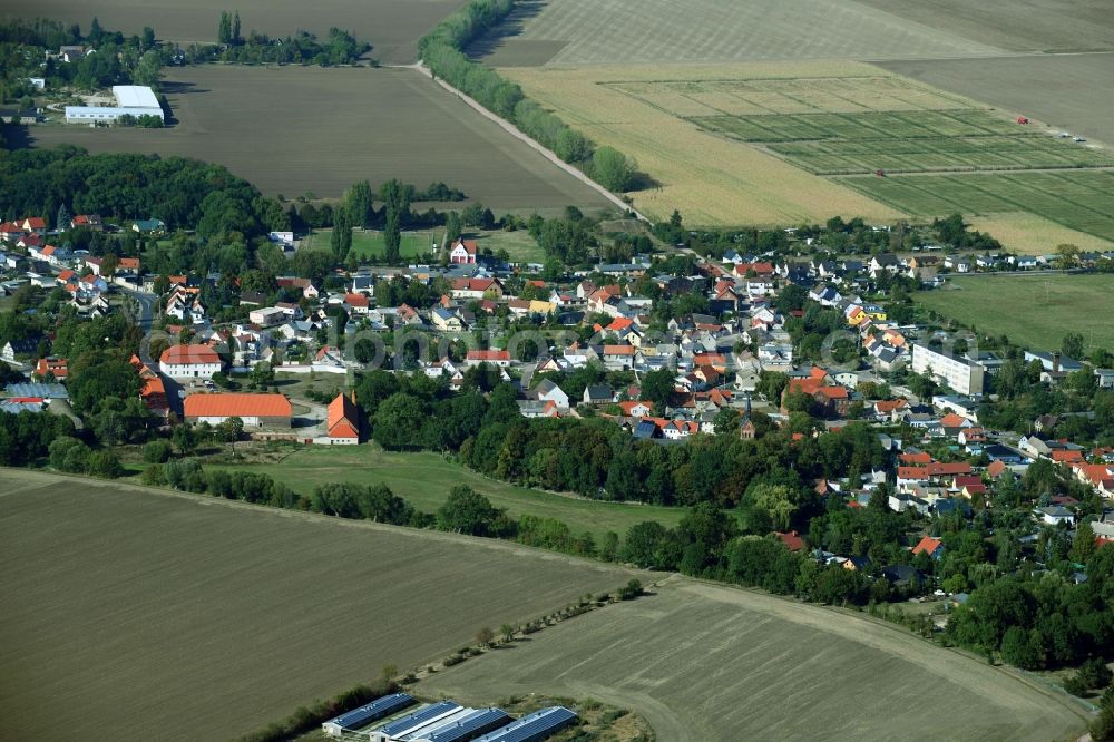 Aerial photograph Kösseln - Agricultural land and field borders surround the settlement area of the village in Koesseln in the state Saxony-Anhalt, Germany