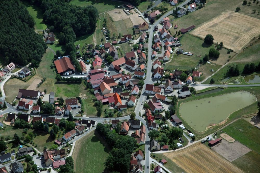 Lauf Bullach from above - Village center in Lauf an der Pegnitz Bullach in Bavaria. Embedded in a depression the village is bordered in north and west by numerous fish ponds. During the September to April lasting fishing saison these are an important economic factor for the village