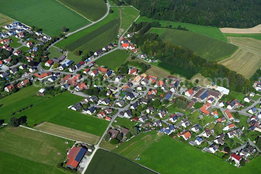 Lauterbrunn from above - Agricultural land and field borders surround the settlement area of the village in Lauterbrunn in the state Bavaria, Germany