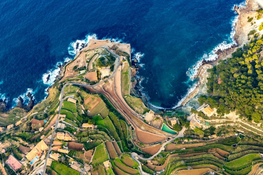 Banyalbufar from above - Village on marine coastal area of Balearic Sea in Banyalbufar in Balearic Islands, Spain