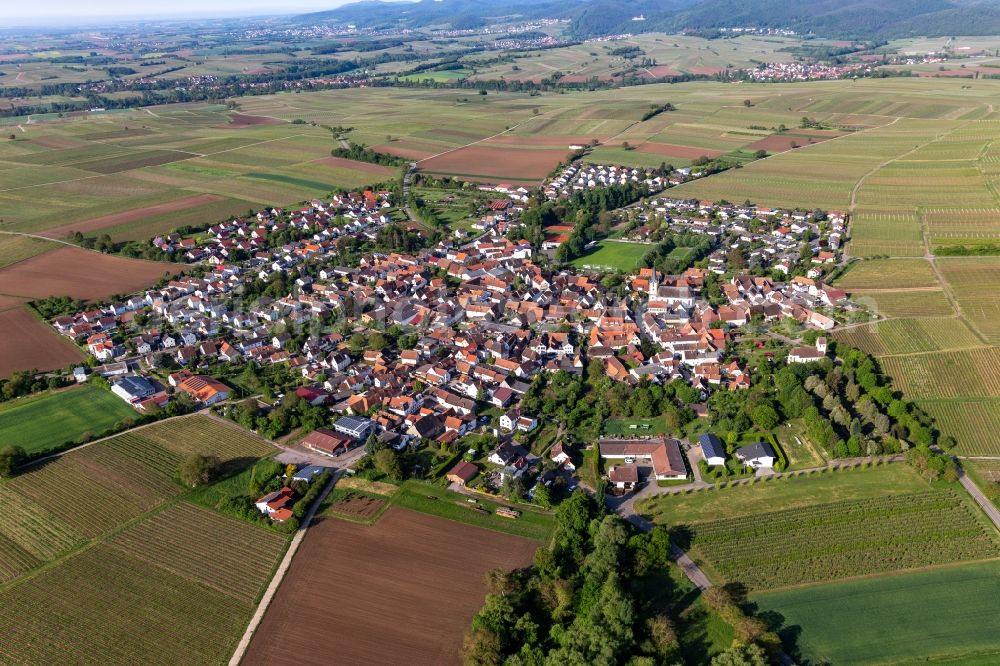 Aerial image Mörzheim - Agricultural land and field borders surround the settlement area of the village in Moerzheim in the state Rhineland-Palatinate, Germany