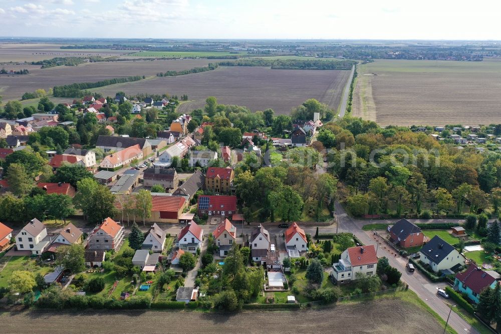 Mötzlich from the bird's eye view: Agricultural land and field borders surround the settlement area of the village in Moetzlich in the state Saxony-Anhalt, Germany