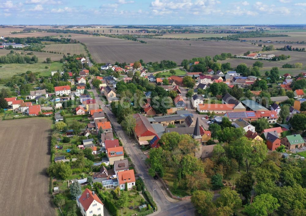 Aerial image Mötzlich - Agricultural land and field borders surround the settlement area of the village in Moetzlich in the state Saxony-Anhalt, Germany