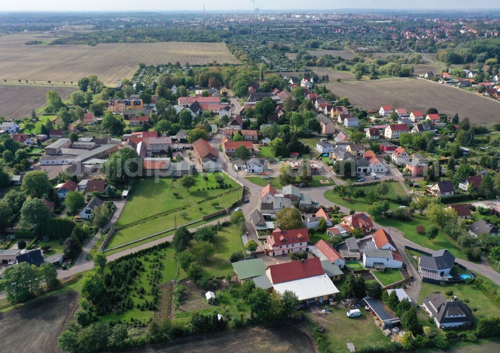Aerial photograph Mötzlich - Agricultural land and field borders surround the settlement area of the village in Moetzlich in the state Saxony-Anhalt, Germany