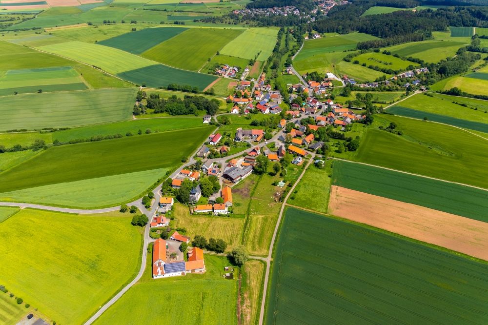 Nieder-Ense from the bird's eye view: Agricultural land and field borders surround the settlement area of the village in Nieder-Ense in the state Hesse, Germany