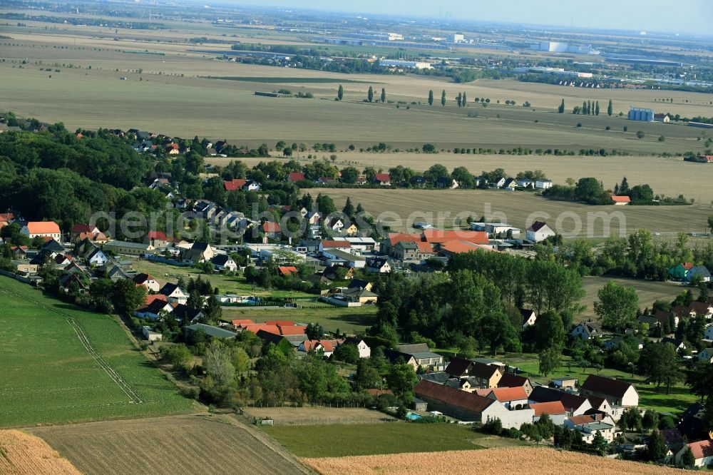 Oppin from the bird's eye view: Agricultural land and field borders surround the settlement area of the village in Oppin in the state Saxony-Anhalt, Germany
