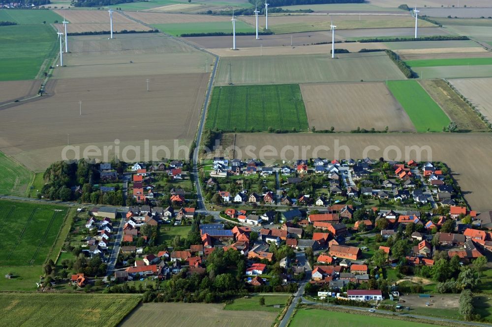 Papenrode from above - Agricultural land and field borders surround the settlement area of the village in Papenrode in the state Lower Saxony, Germany